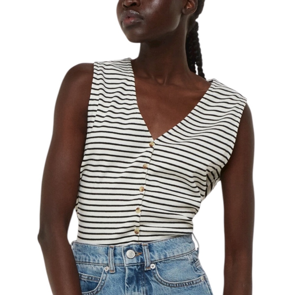 Whistles Black and Ivory Button Up Stripe Rib Tank Size Medium
